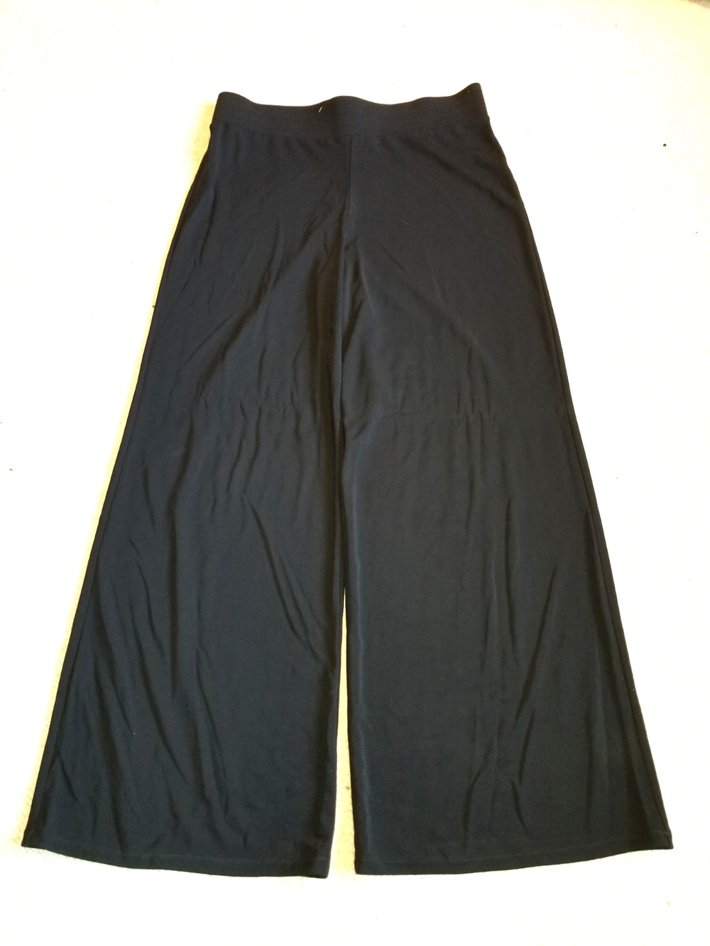 Womens Pants-DKNY-black rayon stretch knit elastic waist pull on wide leg-PL